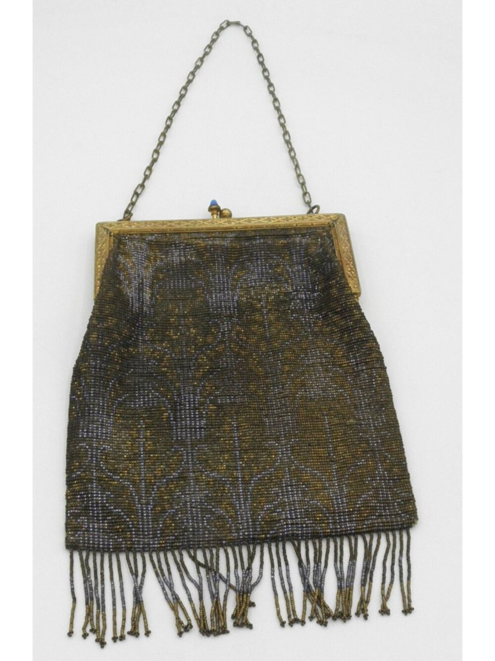 Vintage Antique Micro Beaded Purse Art Deco Evening Bag Gold Blue with Fringe - Picture 3 of 14